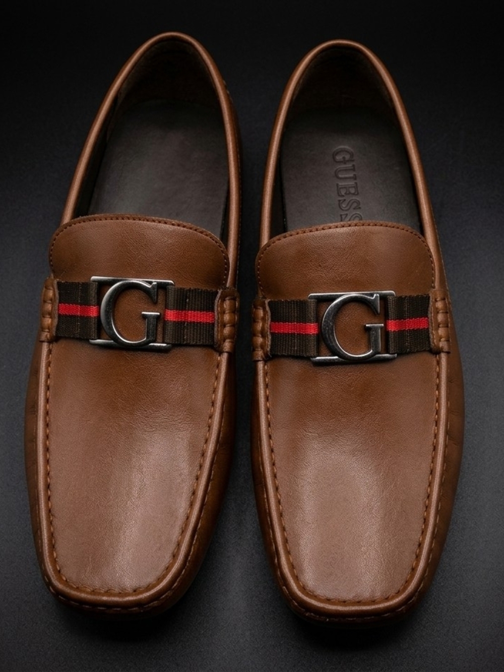 GUESS Men's Brown Leather Boat Loafers with G Buckle and Stripe